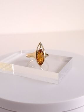 14K Gold Amber Ring – Marquise Cut Lithuanian Cognac Amber